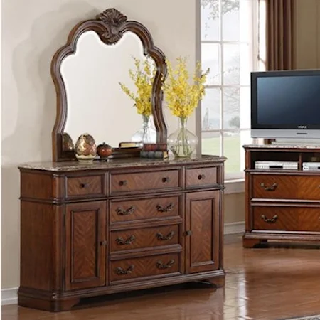 Transitional Dresser with Carved Crown Mirror